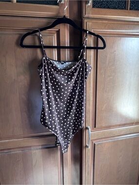 Express Brown and White Polka Dot Cowl Neck Bodysuit